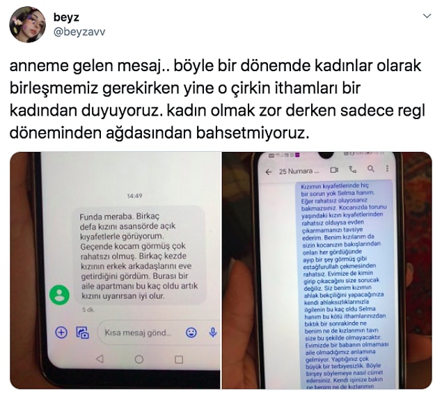 O ahlak bekçilerinden biri de "@beyzavv" isimli Twitter kullanıcısının komşusu. Bu komşu, Beyza'nın annesine haddi olmayan bir mesaj atmış.