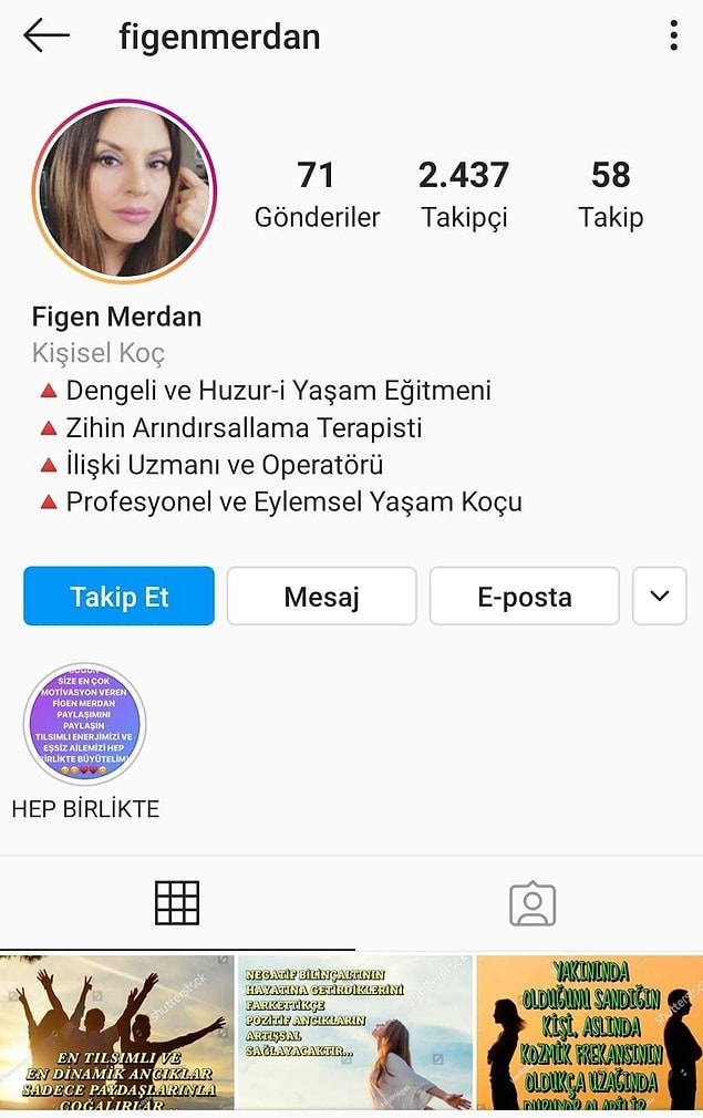 Şimdi sizi son zamanların gelmiş geçmiş en dönselli, fermutasyonlu ve blokajlı yaşam koçu ile tanıştıracağız. Figen Merdan'ın Instagram biosunu dikkatle incelemenizi rica ederiz.