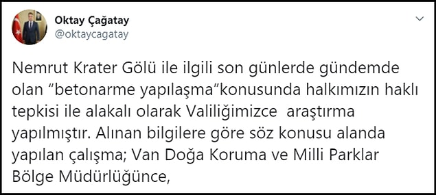 Bitlis Valisi Oktay Çağatay, bugün Twitter hesabından yaptığı açıklamada söz konusu çalışmanın durdurulduğunu duyurdu 👇