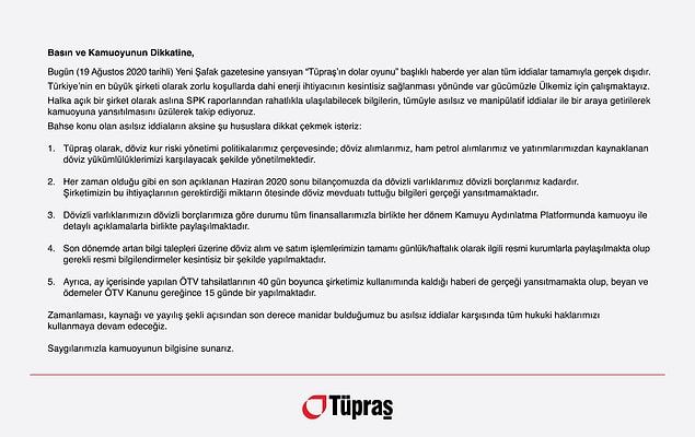 Tüpraş'ın basın açıklaması şu şekilde 📌
