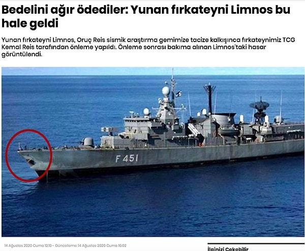 4. "Fotoğrafın Türk gemisinin çarptığı Yunan gemisi Limnos’u gösterdiği iddiası"