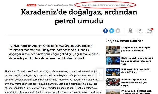 2. DHA: Akçakoca’da doğalgazdan sonra petrol umudu (26 Kasım 2006)