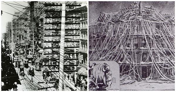 4. Telefon, telgraf ve elektrik kabloları yer altına taşınmadan önce şehirlere tam bir kaos hakimdi.