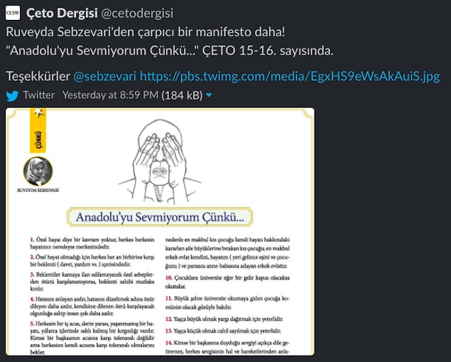 Yazının bir kısmı ÇETO dergisinin Twitter hesabından paylaşıldıktan sonra tabiri caizse kızılca kıyamet koptu...