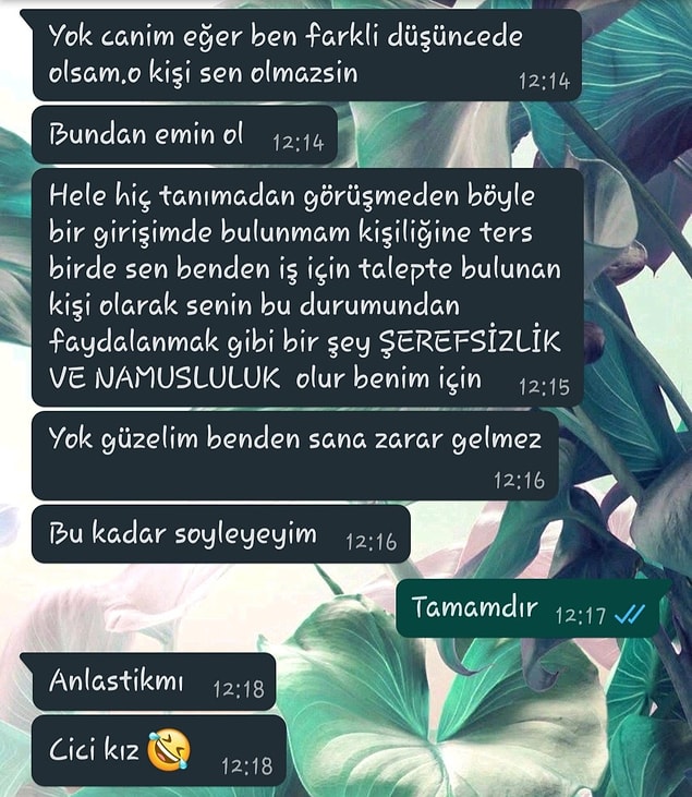 10 EYLÜL 2020: Twitter'dan Ebru isimli bir kadın arkadaşımız işveren erkeğin attığı taciz mesajlarını paylaştı.