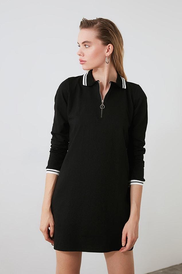 4. Siyah fermuarlı sweat elbise günlük rahatlıkla kullanabileceğiniz bir parça, üstelik şu anda fiyatı indirimde sadece 49 TL!