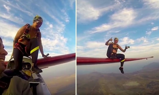 Yüzlerce Metre Yükseklikte Uçağın Kanadına Geçerek Atlayış Yapan Kadının Adrenalin Dolu Anları