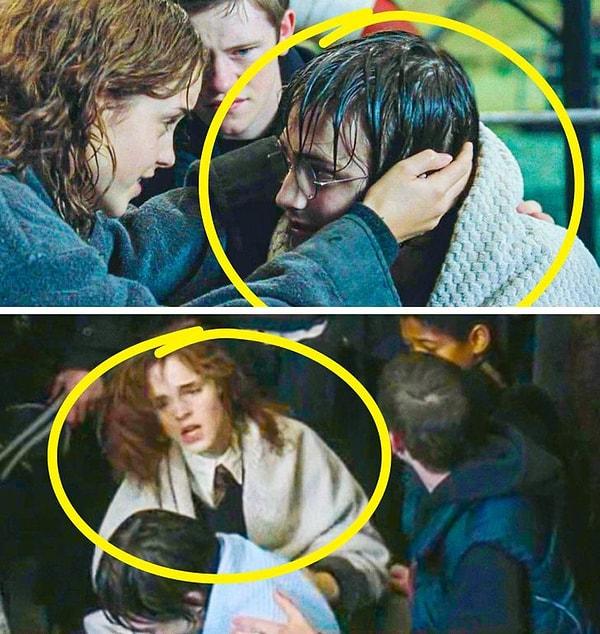 19. Harry Potter ve Ateş Kadehi'nde Hermione'nin ıslak bir şekilde Harry'yi bir battaniyeye sardığını görüyoruz ancak sonraki sahnede Hermione'yi kuru bir şekilde izliyoruz.