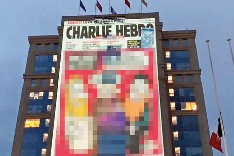 Öldürülen Öğretmenin Anısına: Charlie Hebdo'nun Hz. Muhammed Karikatürleri Projektörle Binaya Yansıtıldı