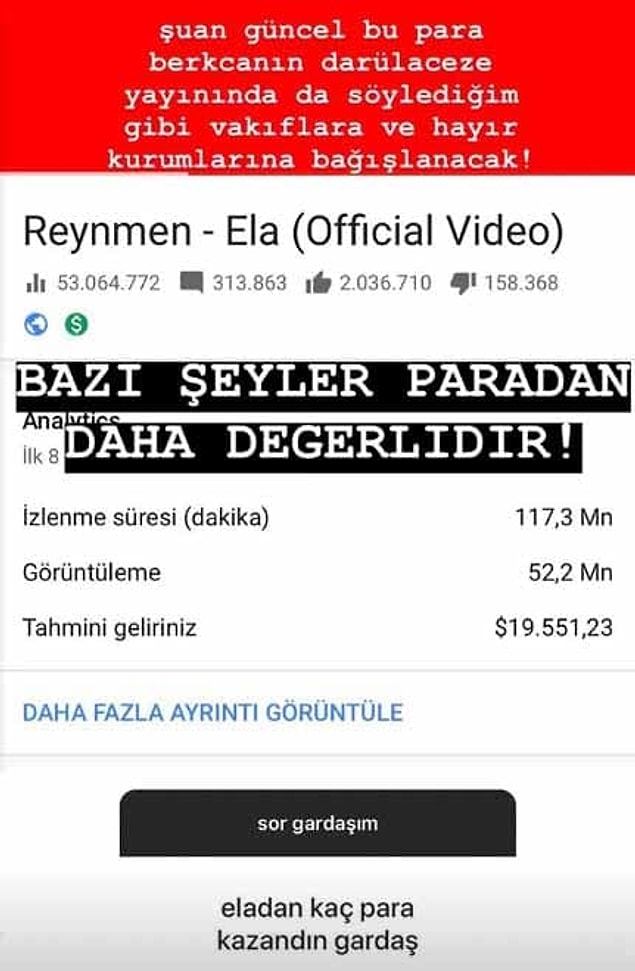 İkinci single çalışması 'Ela', YouTube'da yayınlandığı ilk gün 18 milyon izlenmiş, sahte izlenme satın alıyor söylemlerine karşı Instagram hesabından ne kadar kazandığını açıklamıştı.