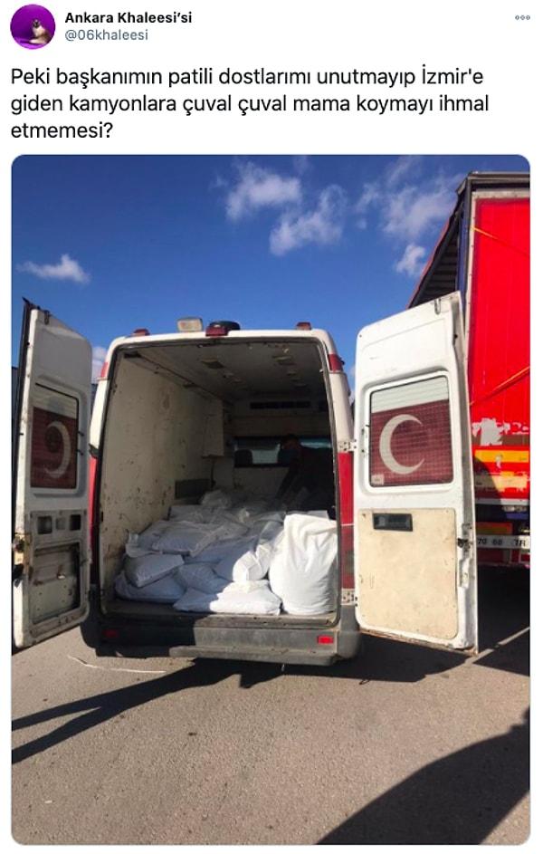 Tabii Mansur Başkan yalnızca İzmir halkını değil, depremden etkilenen hayvan dostlarımızı da unutmadı. Ankara'dan giden yardım kamyonlarına onlar için de çuvallarla mama ekletti.