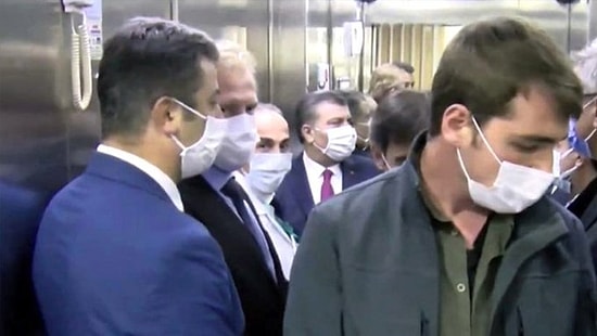 Sürekli Sosyal Mesafe Uyarısı Yapan Sağlık Bakanı Koca, 10 Kişiyle Asansöre Bindi!