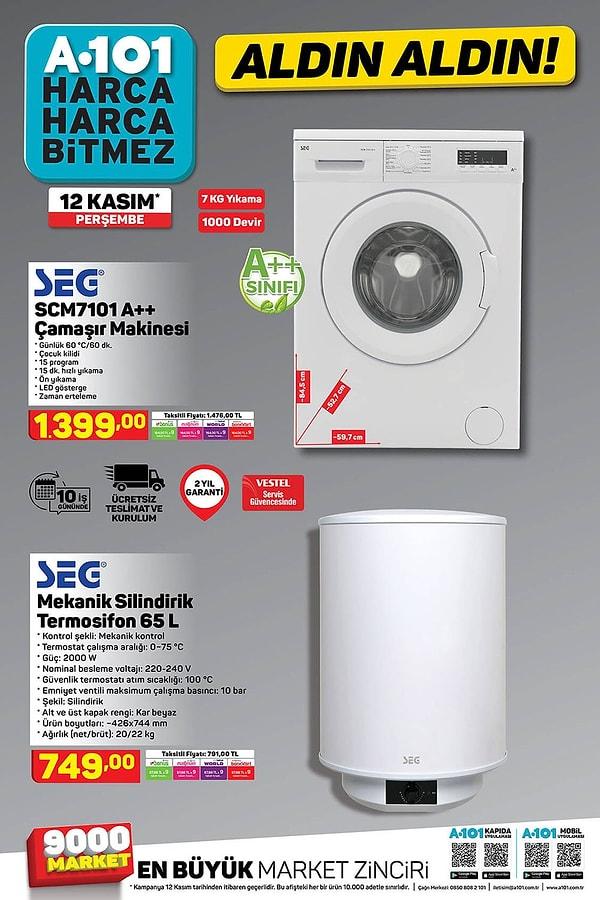 SEG marka bir çamaşır makinesi ve bir  termosifon farklı taksit seçenekleriyle satışta olacak.