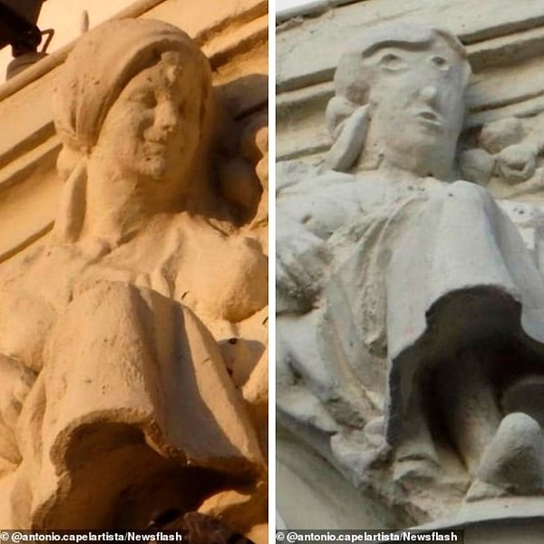 Реставрация (справа) не похожа на оригинальную статую (слева), которая была убрана и заменена после повреждения во время реставрационных работ на здании.