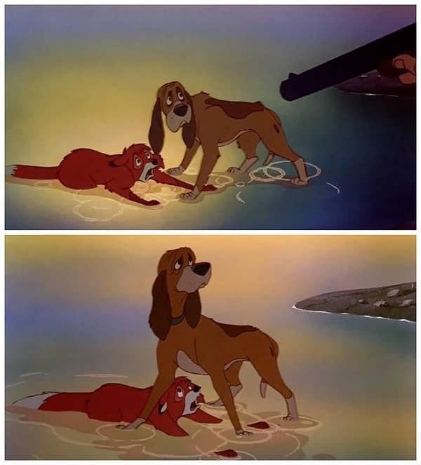 3. 'Tilki ve Avcı Köpeği' animasyonunda Cooper'ın, Tod'un önüne geçerek vurulmasını önlemesi...