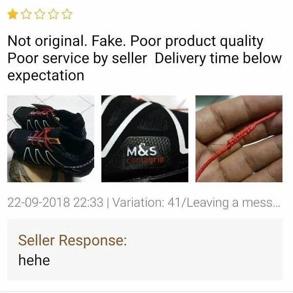 23. Отзыв от покупателя: "Не настоящие, подделка. Плохое качество, низкий уровень сервиса. Не доставили вовремя". Ответ продавца: "Хаха".