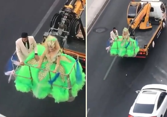 Daha İyi Bir Gelin Arabası Yok: Yeşil Gelinliği ile Vincin Üstünde Düğüne Giden, Giderken de Halkı Selamlamayı İhmal Etmeyen Gelin