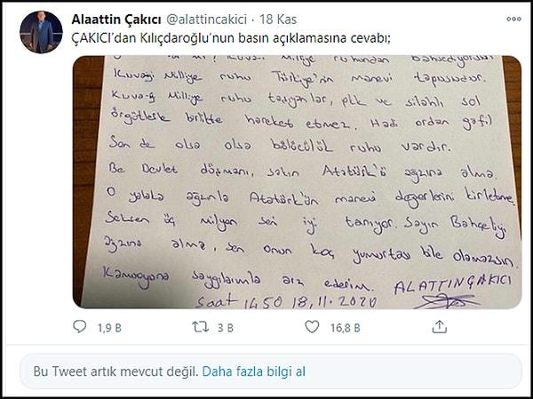 Çakıcı'nın Twitter üzerinden "ÇAKICI’dan Kılıçdaroğlu’nun basın açıklamasına cevabı" diyerek paylaştığı ve yine tehdit içeren ikinci açıklamasının ise erişime açık olduğu görüldü.