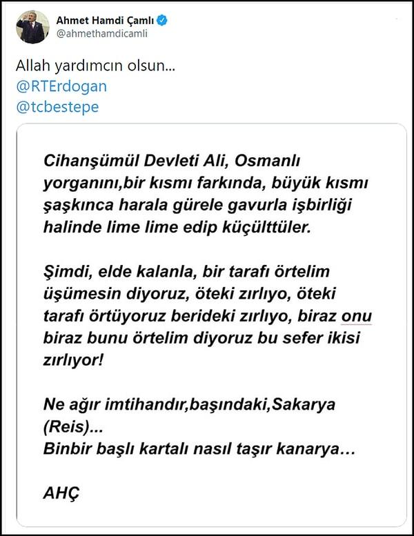 'Horolop şorolop' gibi ilginç ifadeleri ile kamuoyu gündemine gelen AKP'li Çamlı dün Twitter hesabından, Erdoğan'ı ve Beştepe'yi de etiketleyerek şu şiiri paylaştı 👇