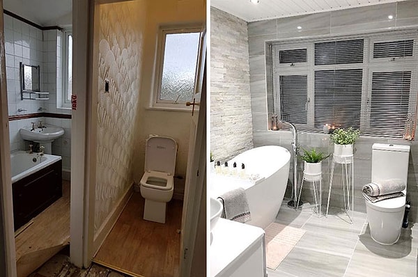 Ванную комнату расширили за счет сноса стены, разделяющей унитаз и ванну.