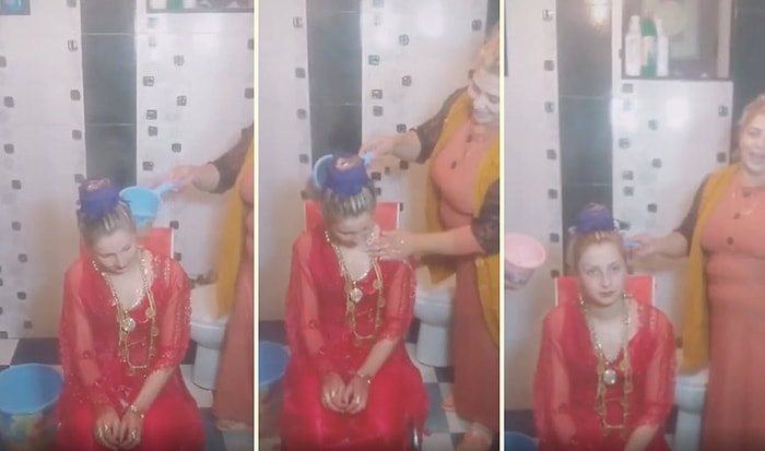 Bu Nasıl Gelenek? Onca İnsanın İçinde, Üzerindeki Altınlarla Birlikte Maşrapa ile Yıkanan Gelin