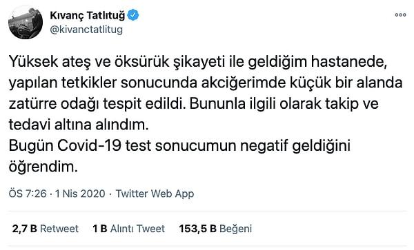 Kıvanç Tatlıtuğ birkaç ay önce hastanede tedavi altına alınmasını resmi Twitter hesabından böyle duyurmuştu.