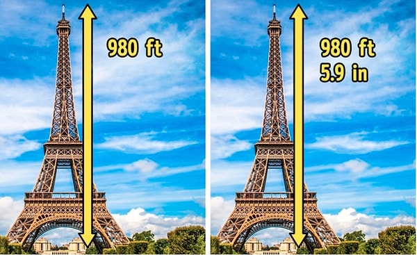 15. Поскольку Эйфелева башня имеет цельнометаллическую деталь, летом и зимой она становится выше и короче. Запас изменения составляет примерно 13 см.