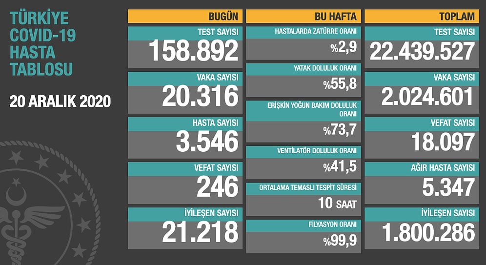 Koronavirüs Türkiye: 24 Saatte 20 Bin 316 Yeni Vaka, 246 Ölüm...