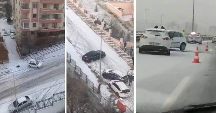 Ankara'da Etkili Olan Kar Yağışının Ardından Yollar Buz Pistine Döndü, Araçlar Kaza Yaptı