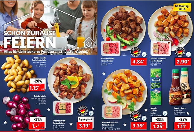 Burada ise mutfaklarımızın vazgeçilmezi patatesin kilosunun 1.15 Euro ve soğanın da 1 Euro olduğunu görüyoruz. Etin çeşidine göre de 3. 19 ve 4.84 Euro arasında değişiklik gösteriyor.