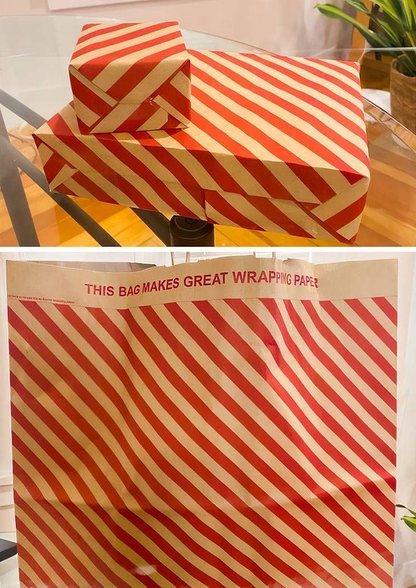 8. Бумажный пакет с праздничным орнаментом, который производитель рекомендует использовать повторно в качестве упаковочной бумаги.