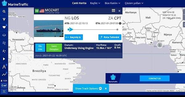 Nijerya’nın Lagos kentinden Güney Afrika'nın Cape Town kentine gitmek üzere yola çıkan geminin 19 mürettebatı bulunduğu bildirildi.