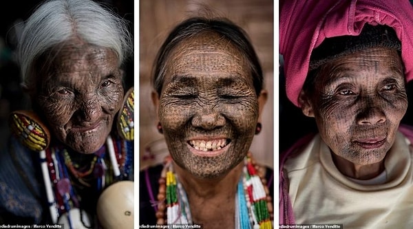 Более 1000 лет женщины из племен в Мьянме украшают свои лица замысловатыми татуировками, чтобы не дать соперникам из других племен похитить их.