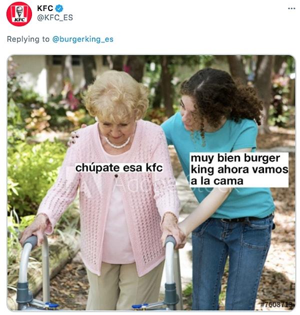 Akabinde KFC de bu meme'i paylaşarak Burger King'e cevap verdi. Meme'de yaşlı kadın KFC'ye küfrediyor. Torunu ise onu pohpohlayıp 'Tamam Burger King, haydi uykuya' diyerek cevap veriyor.
