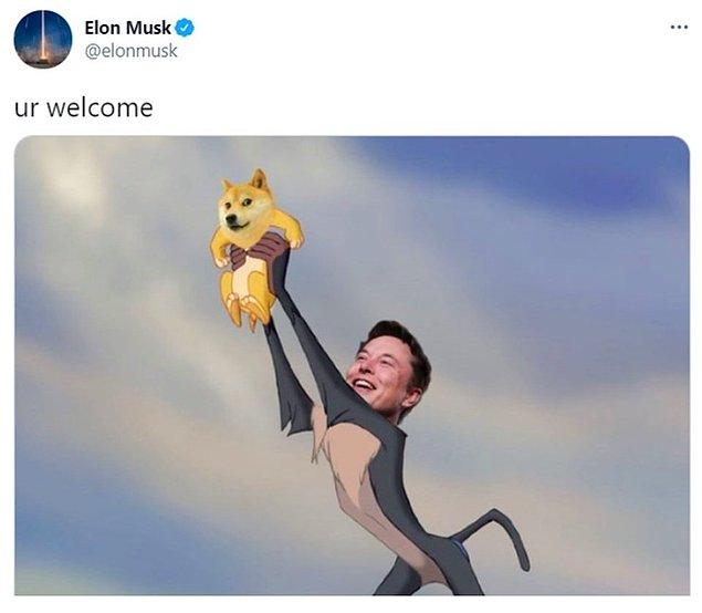 “Ur welcome” (Bir şey değil) başlığıyla bir fotoğraf da paylaşan Musk’un fotoğrafta, kült Aslan Kral filminde maymunun aslanı kaldırdığı sahneye ithafen, Dogecoin’in simgesi olan Shiba Inu köpeğini havaya kaldırdığı görülüyor.