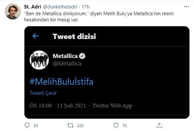 4. Boğaziçi Üniversitesi rektörlüğüne atanması tartışma yaratan Prof. Dr. Melih Bulu’ya yönelik tepkiler, sosyal medyada sürmeye devam ediyor. Bir iddiaya göre, dünyaca ünlü Amerikalı metal müzik grubu Metallica, Twitter hesabından “#MelihBuluİstifa” etiketiyle bir paylaşımda bulundu.