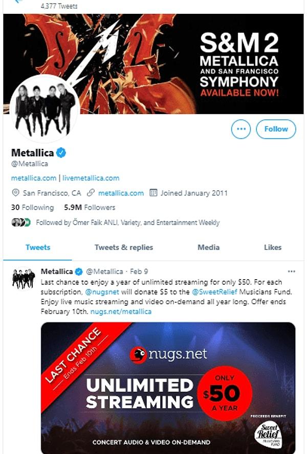 Metallica’nın resmi Twitter hesabına bakıldığında ise böyle bir paylaşımın söz konusu olmadığı görülüyor.