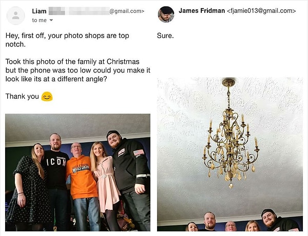 14. "Selam öncelikle fotoğrafların birinci sınıf. Bu fotoğrafı yılbaşı gecesi ailemle çektirdik ancak telefon çok aşağıdaydı. Daha farklı bir açıdan çekilmiş gibi yapar mısın? Teşekkürler."