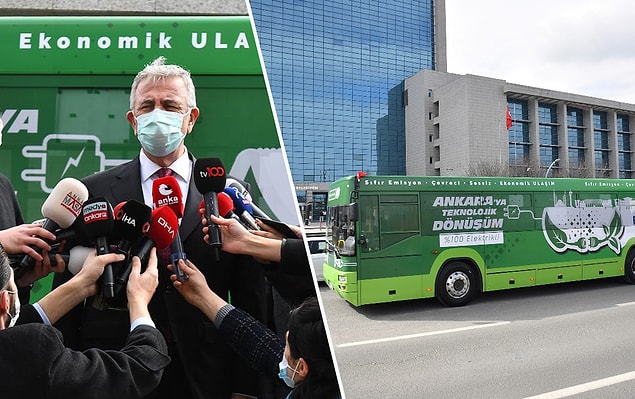 Ankara Büyükşehir Belediye Başkanı Mansur Yavaş, dizelden yüzde 100 elektrikli toplu taşıma aracına dönüştürülen otobüsün tanıtımı dolayısıyla düzenlenen törene katıldı.