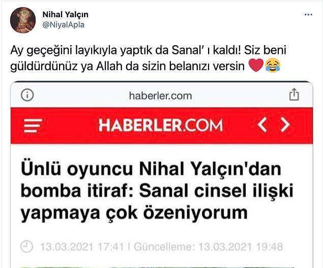 Bugün konu hakkında bir tweet atan Yalçın şu ifadeleri kullandı: ''Ay geçeğini layıkıyla yaptık da Sanal’ ı kaldı! Siz beni güldürdünüz ya Allah da sizin belanızı versin.''