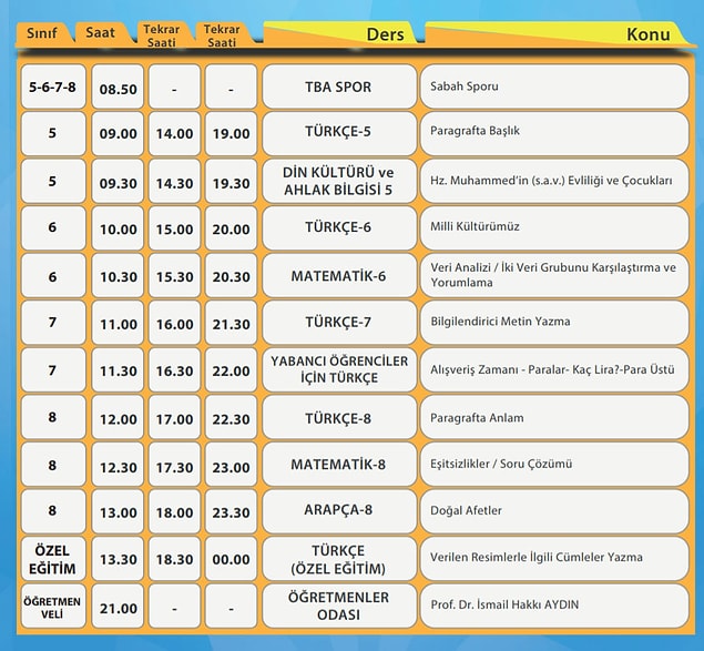 25 Mart EBA TV Ortaokul Ders Programı