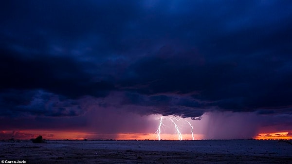 Поразительное изображение молнии над пустыней Намиб, сделанное фотографом Гораном Йовичем на Samsung Galaxy Note 9, заслужило почетную награду в категории пейзажей.