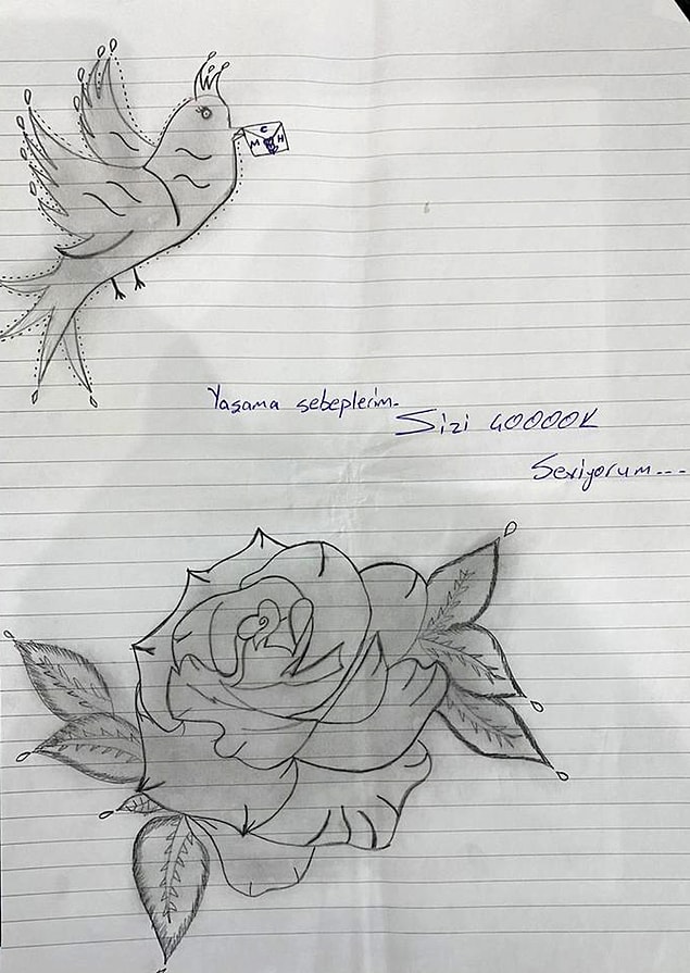 Ağzında mektup getiren uçan bir kuş resmi çizen İpek, “Yaşama sebeplerim. Sizi çooook seviyorum" yazıp, resmin yan kısmına ise büyük bir gül çizdi. İpek, son çizdiği resimde ise iki kuş, gül ve büyük bir kalp içerisine kızlarının ve kendi ismini yazdı.