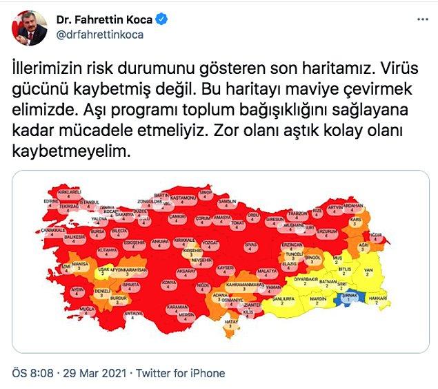 Açıklamanın ardından Sağlık Bakanı Fahrettin Koca da yeni korona haritasıyla birlikte şöyle bir tweet attı.