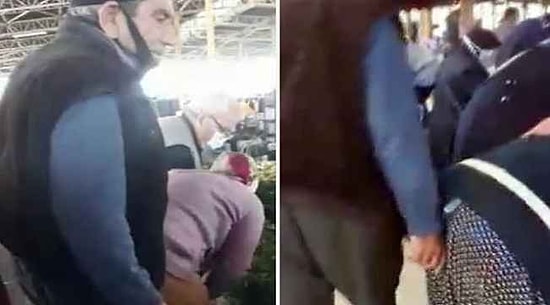 Pazar Yerinde Bastonla Gezip Eliyle Kadınları Taciz Eden İğrenç Erkek