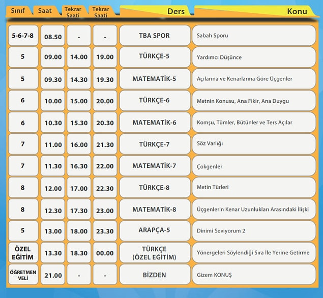 5 Nisan EBA TV Ortaokul Ders Programı
