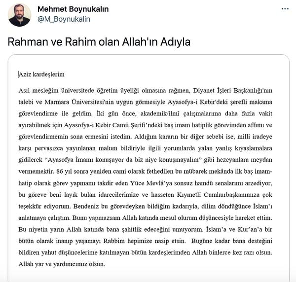 Ardından da Mehmet Boynukalın, Twitter hesabından istifa ettiğine dair bir metin yayınladı.