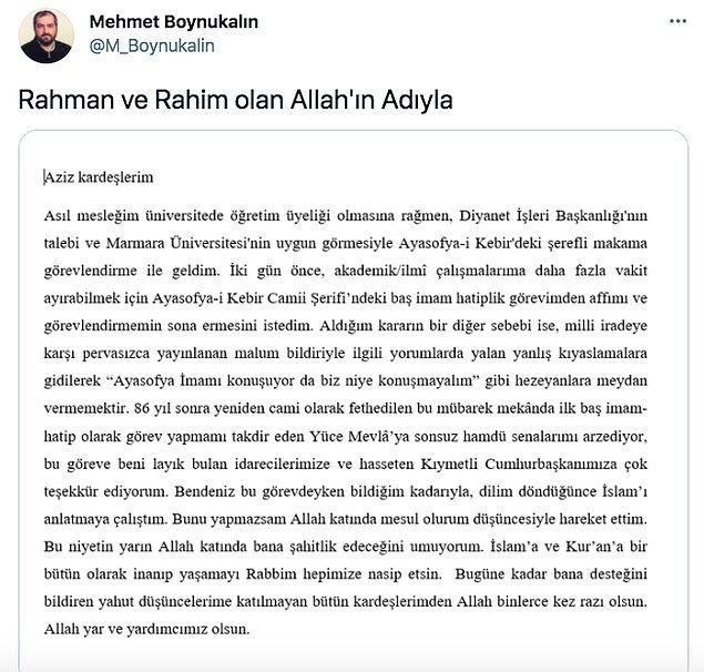 Ardından da Mehmet Boynukalın, Twitter hesabından istifa ettiğine dair bir metin yayınladı.