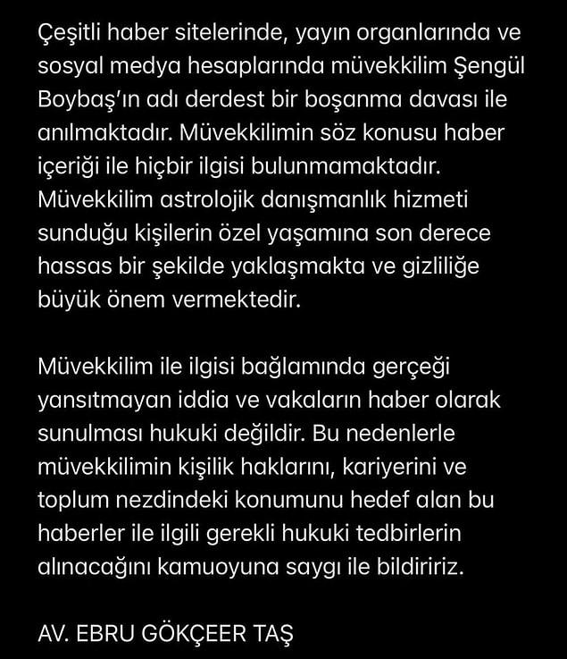 Şengül Boybaş, bugün avukatı aracılığıyla yaptığı açıklamada bu iddiaları reddetti ve Reza Zarrab - Ebru Gündeş ayrılığı ile ilgisi olmadığını söyledi.
