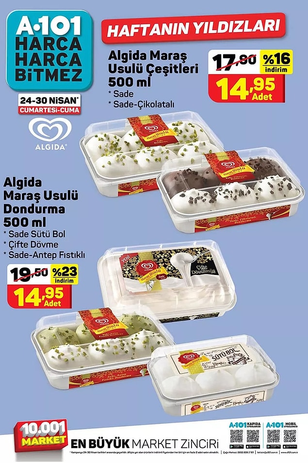 Algida Maraş Usulü dondurma çeşitleri 14,95 TL.